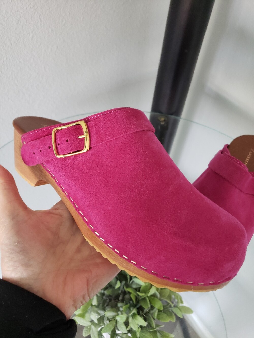 Anthropologie Magenta Suede Clog Mules with Gold Buckle - Picture 9 of 10
